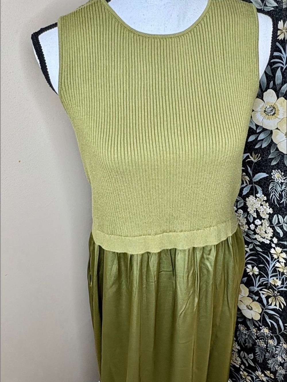 Sleeveless Olive Green Ribbed Knit & Satin Dress